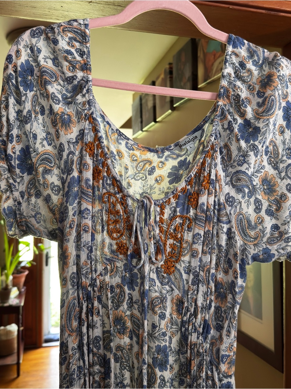 Nostalgia blue gold paisley peasant style maxi dress size L